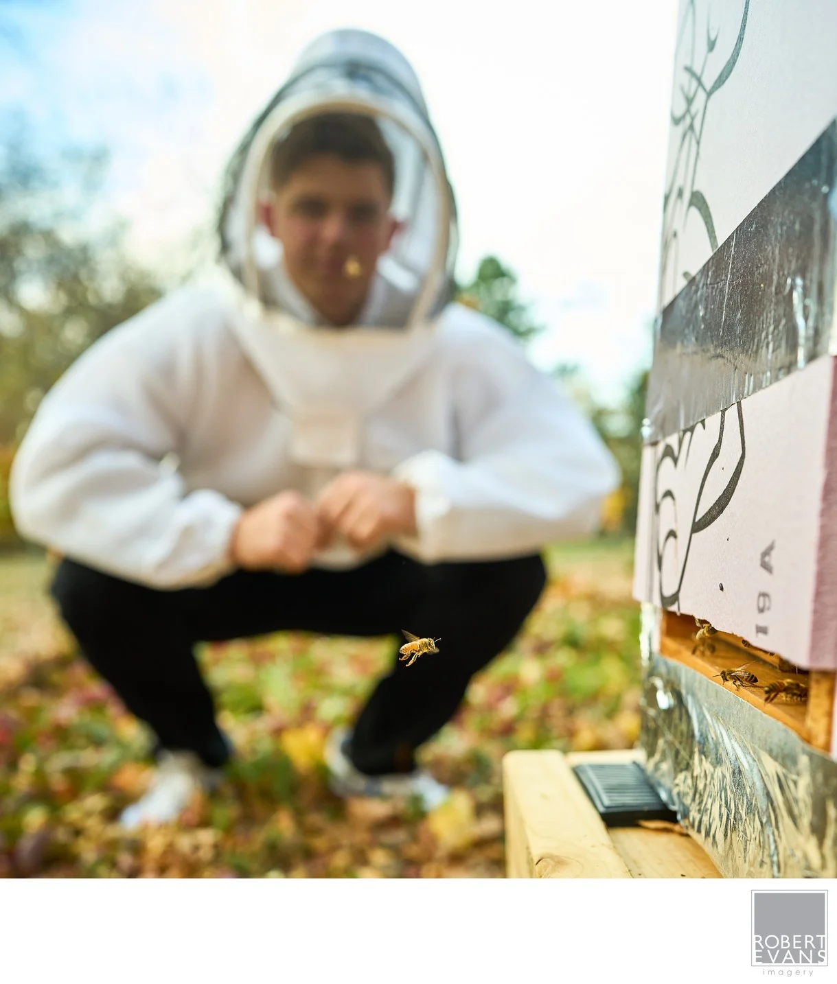 A young beekeeper wearing a protective hood crouches beside a hive.
