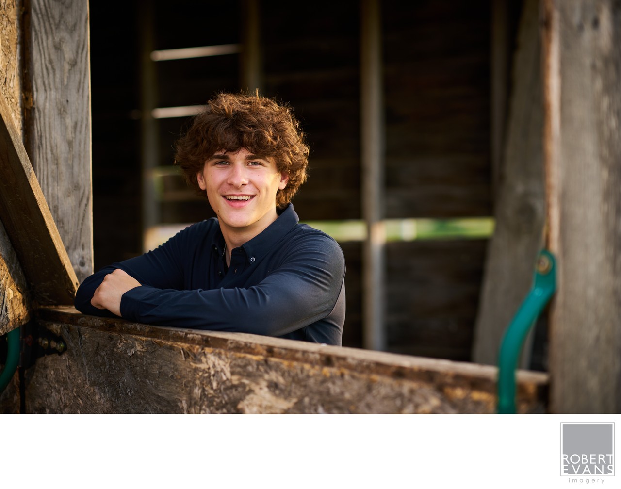 A curly-haired young man leans in a rustic barn window.