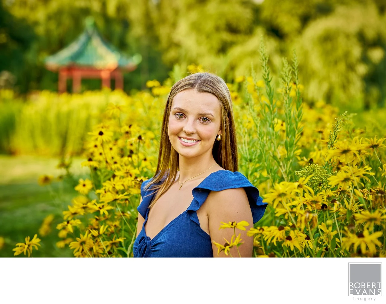 A young woman in a blue dress stands among yellow flowers.