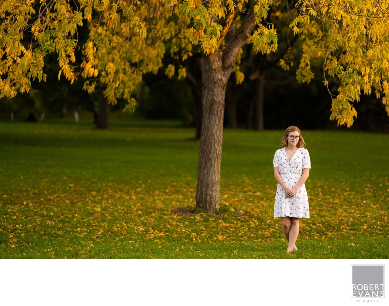 A young woman in a light dress stands beneath a tree full of golden autumn leaves.