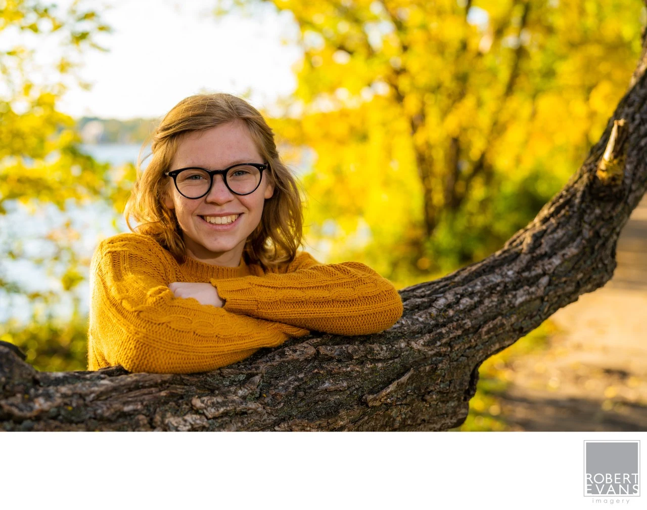 A young woman in glasses and a mustard sweater rests on a branch beneath golden leaves.