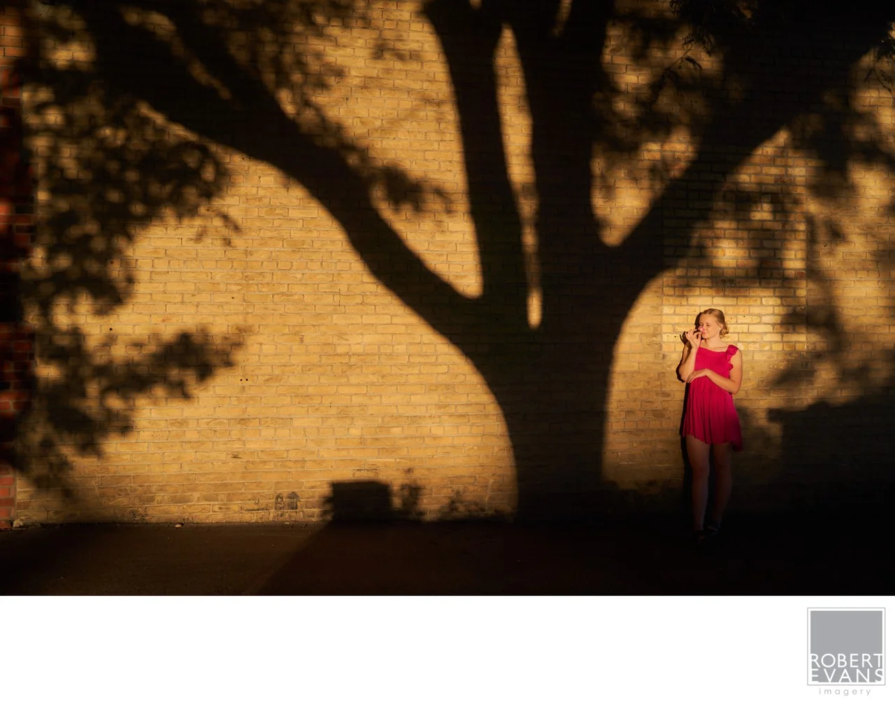 A young woman in a red dress stands at a brick wall crossed by the shadow of a large tree.