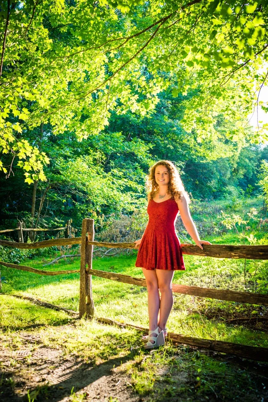 A young woman in a red dress stands on the lower rail of a wooden fence beneath green trees.
