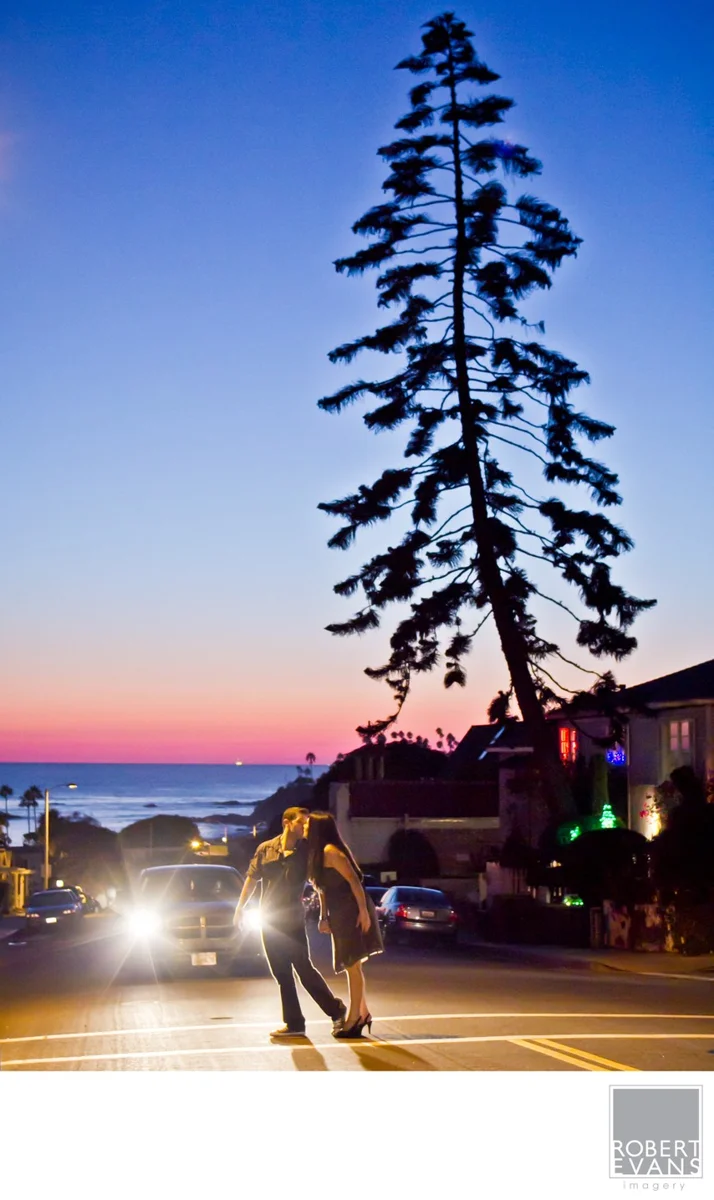 A couple shares a kiss beneath a tree at dusk.