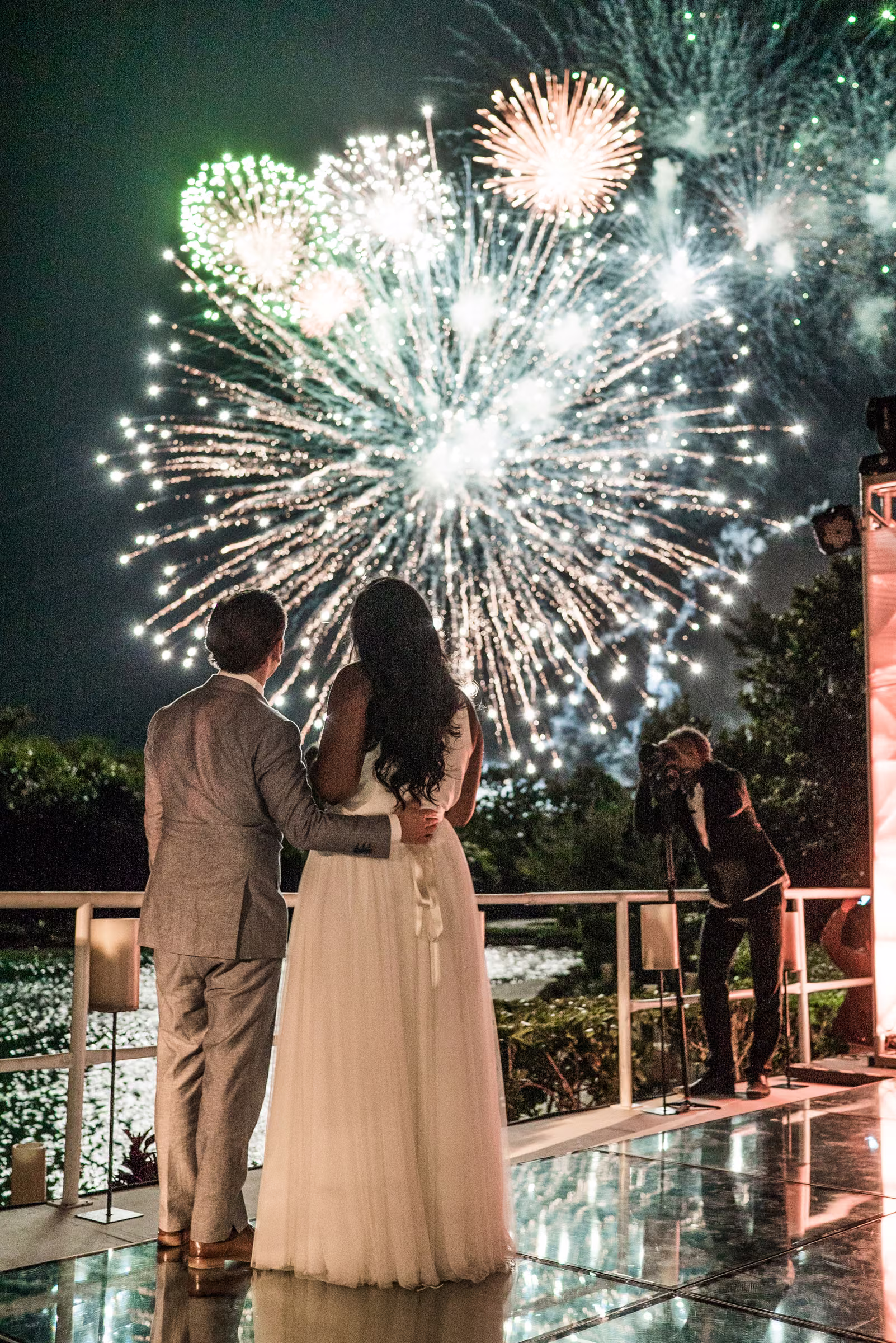 Avanti and Tony stand with their backs to the camera watching fireworks fill the night sky