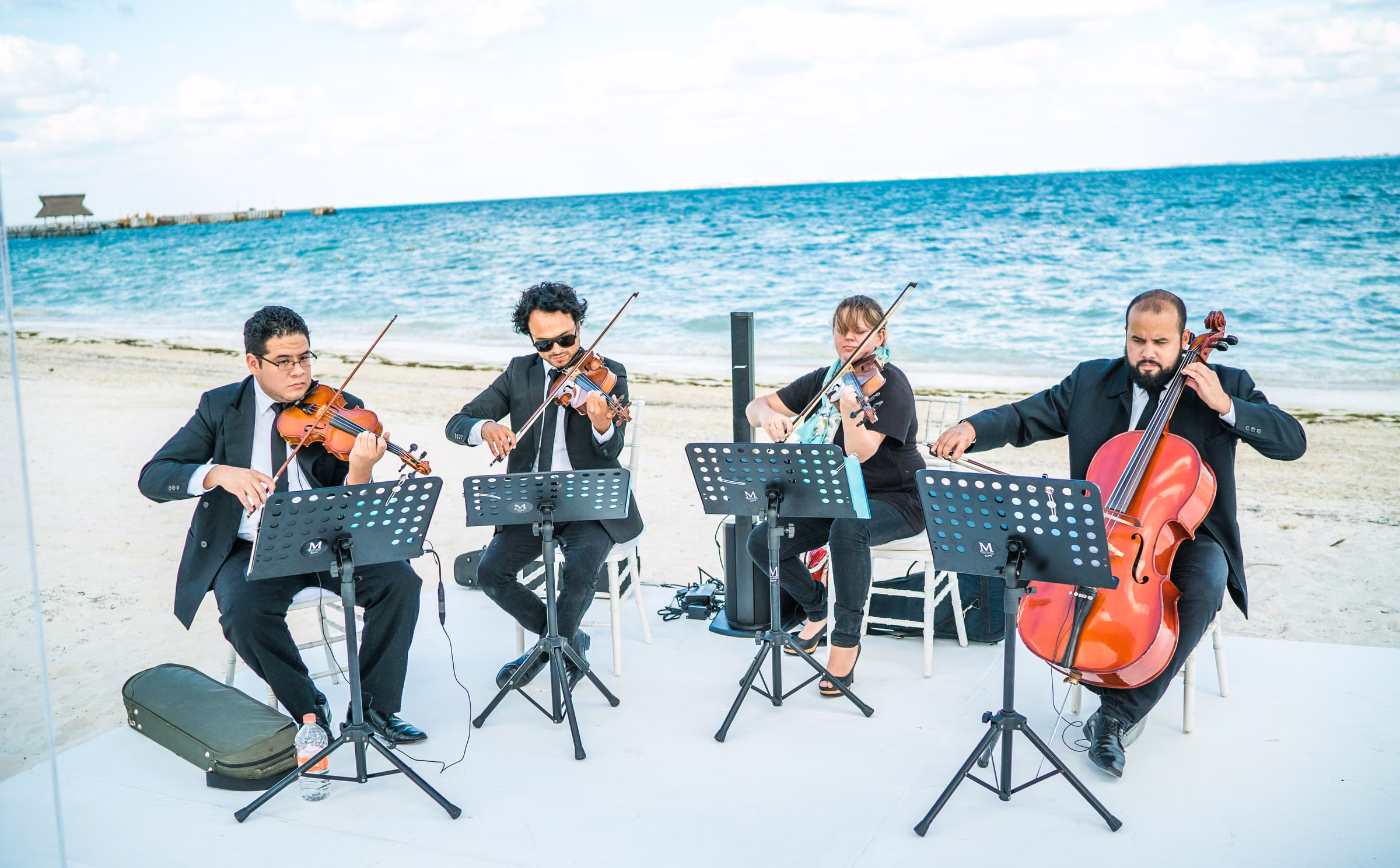 Four musicians perform together on the sand beside the ocean