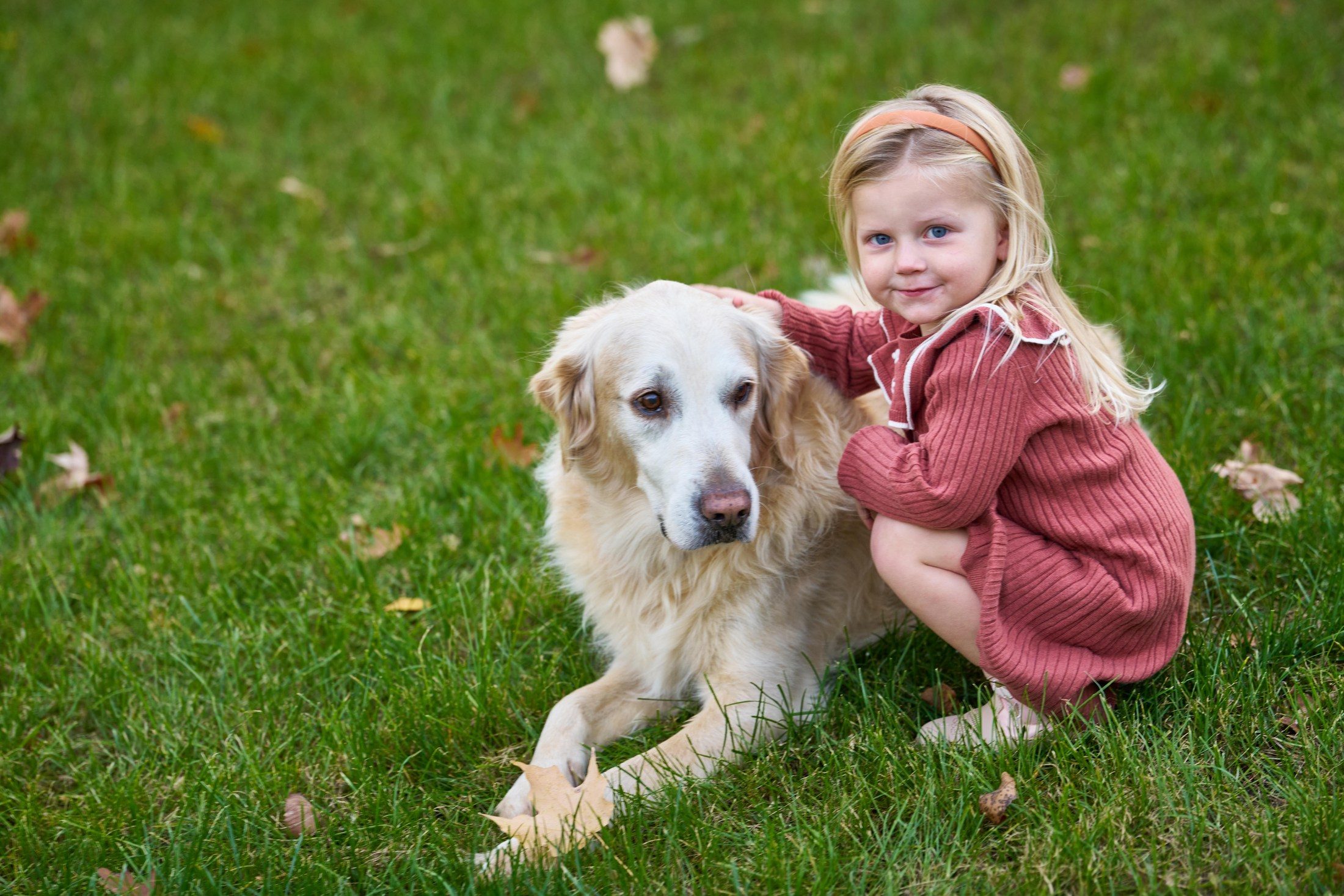 The Engles’ daughter kneeling beside one of the family’s golden retrievers on the grass in Orono, Minnesota