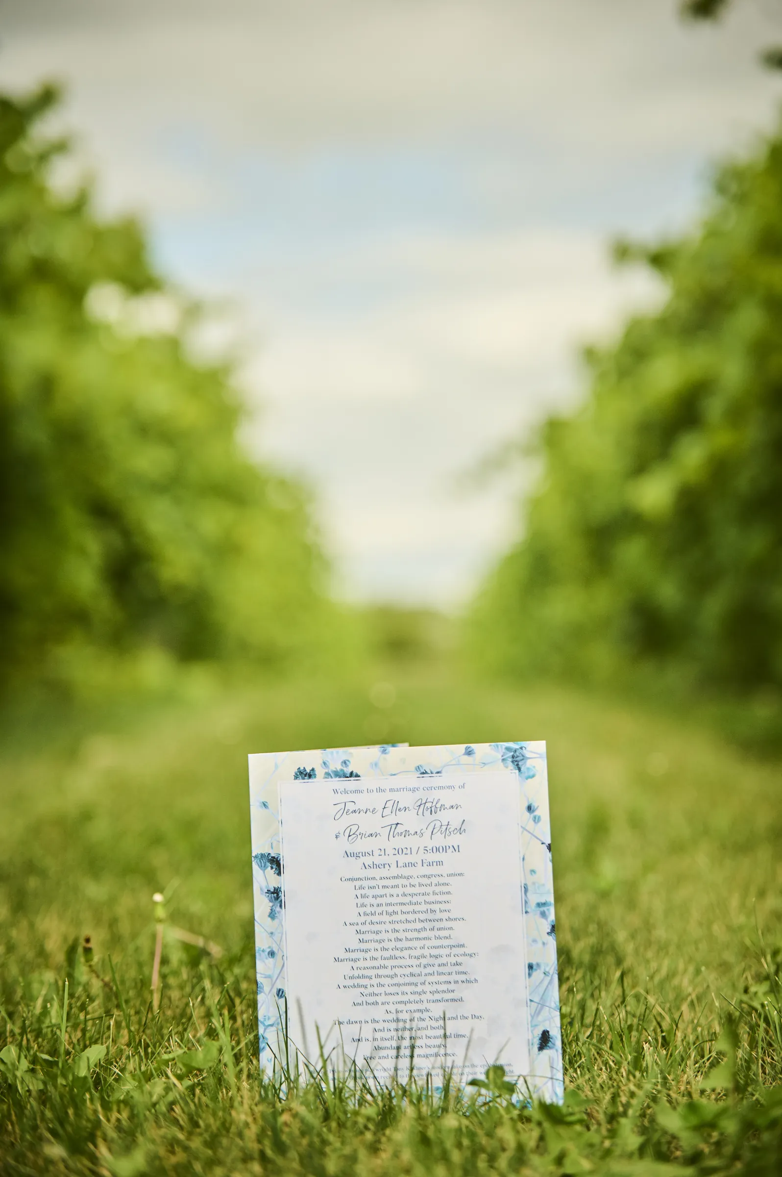 Jeanne and Brian’s blue floral wedding ceremony program standing in the grass between orchard rows, Ashery Lane Farm, Mayer, Minnesota