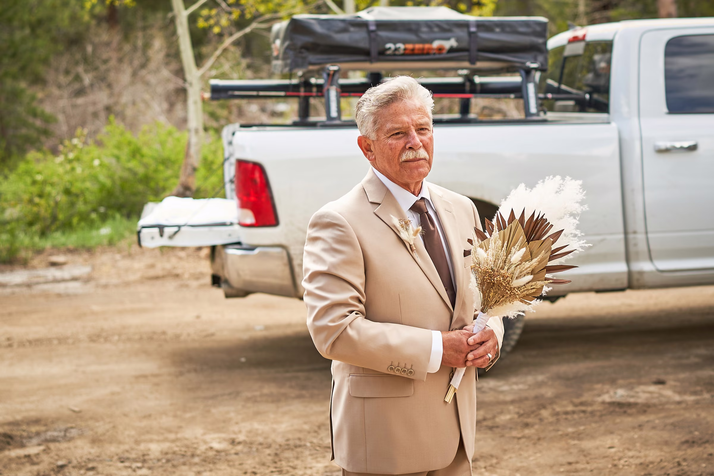 Gabby’s father waits outside for his first look at his daughter on her wedding day, Hope Valley, California