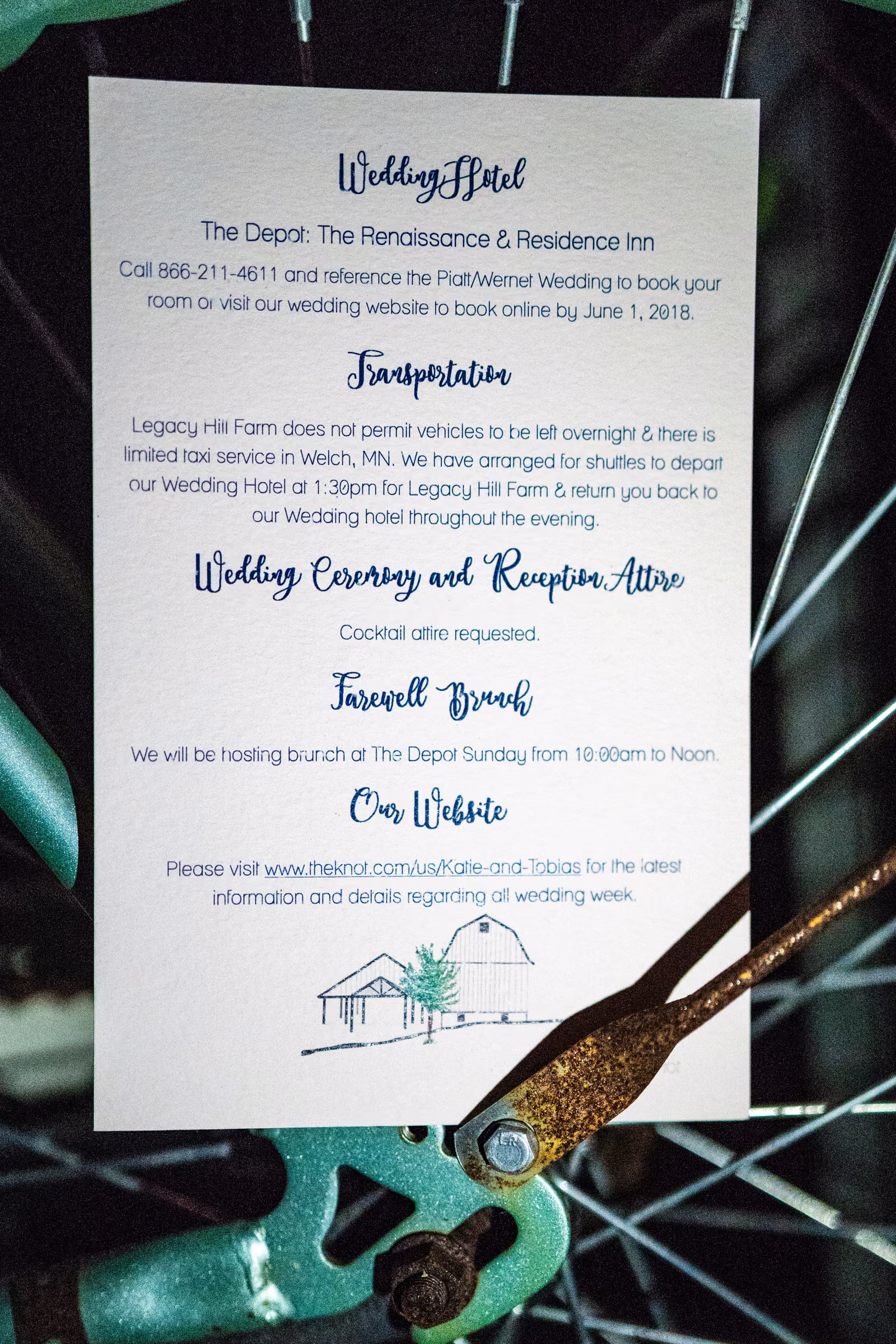 The reverse of Katie and Tobias’s invitation with blue lettering and a drawing of the barn against a green bicycle wheel