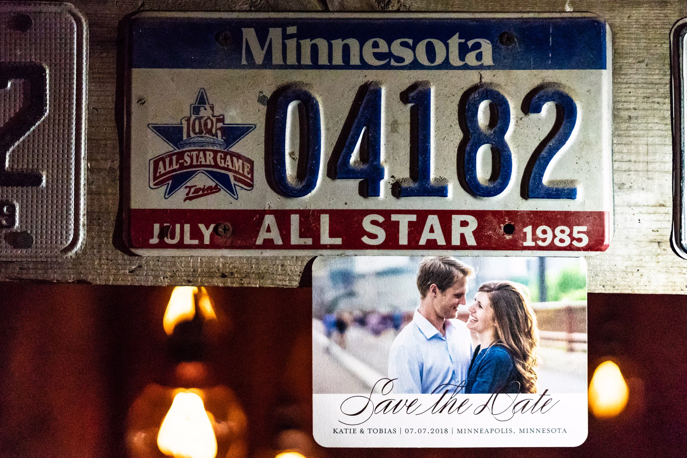 Minnesota All-Star license plate above Katie and Tobias’s July 7, 2018 save-the-date card