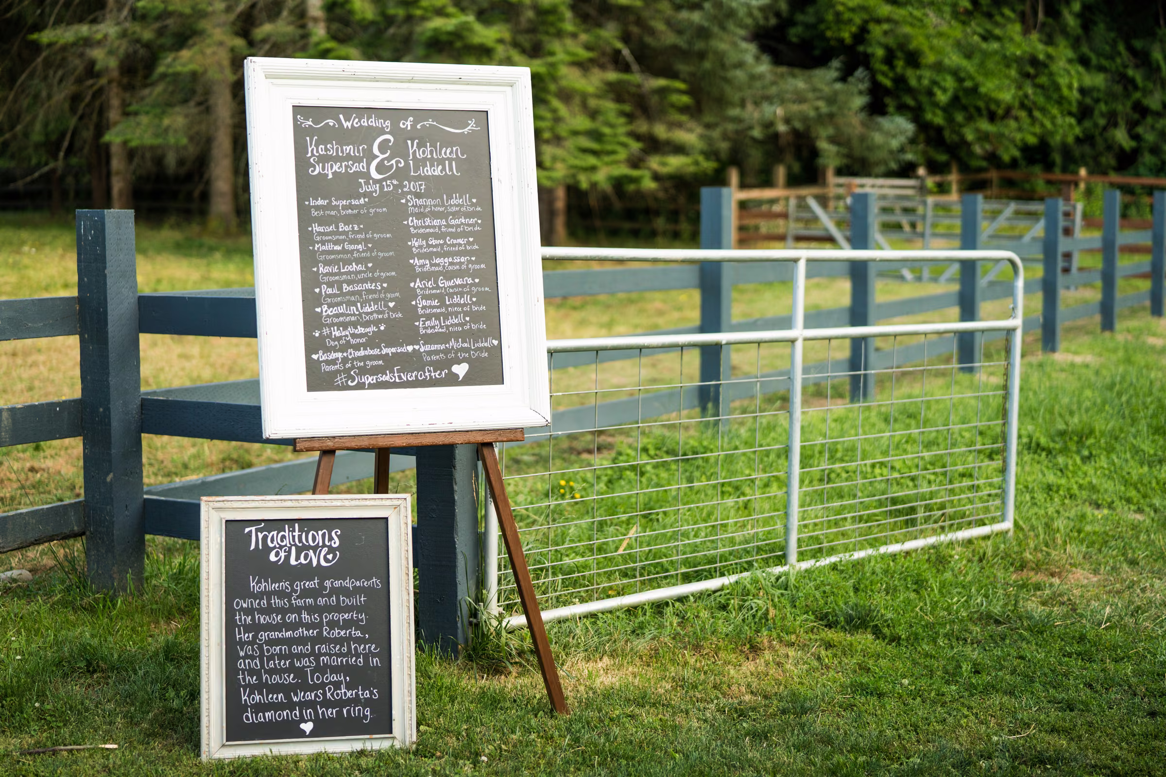Two framed signs name Kohleen and Kashmir and explain the bride’s family connection to the farm