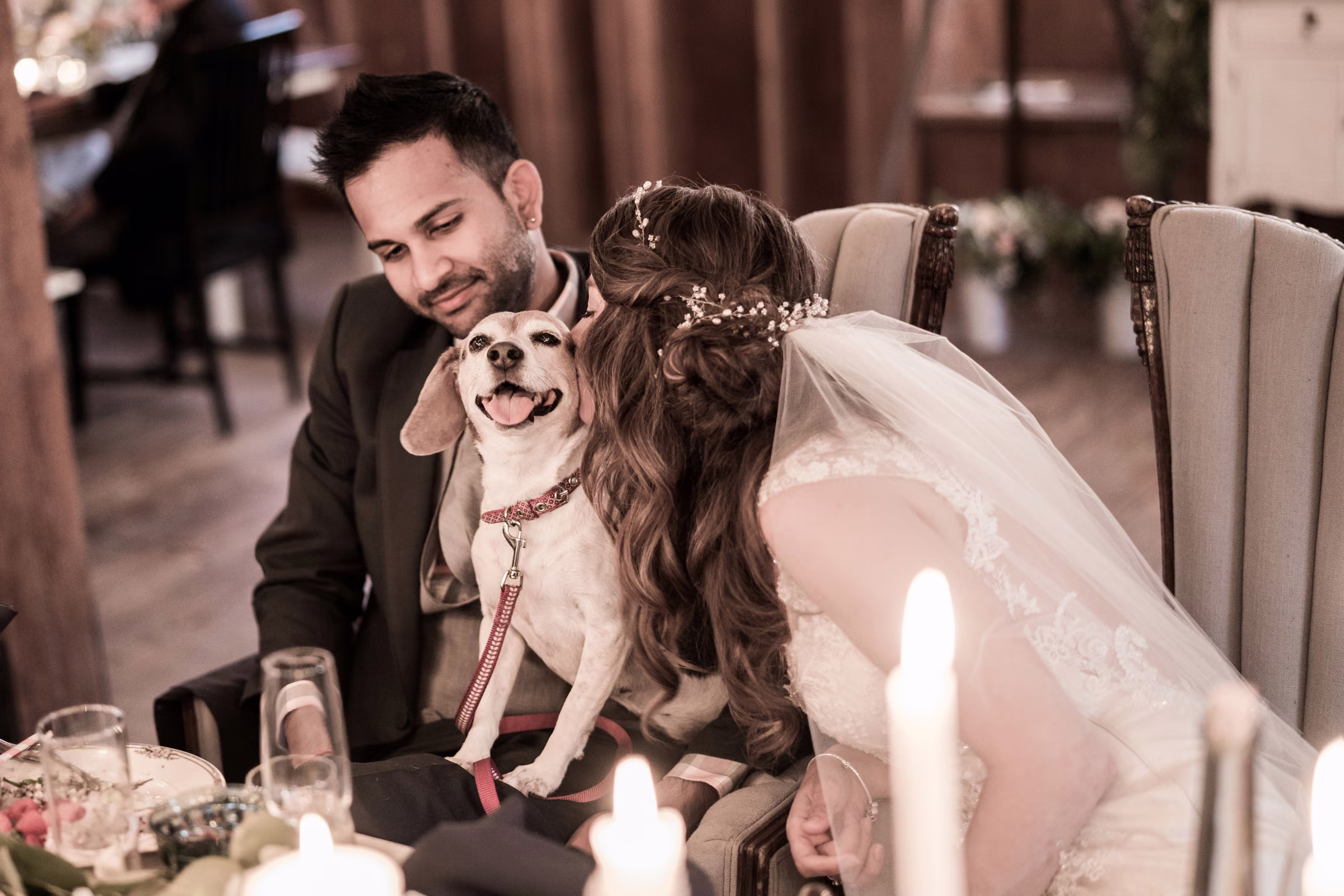 Kohleen kisses their small dog while Kash smiles beside them during the reception