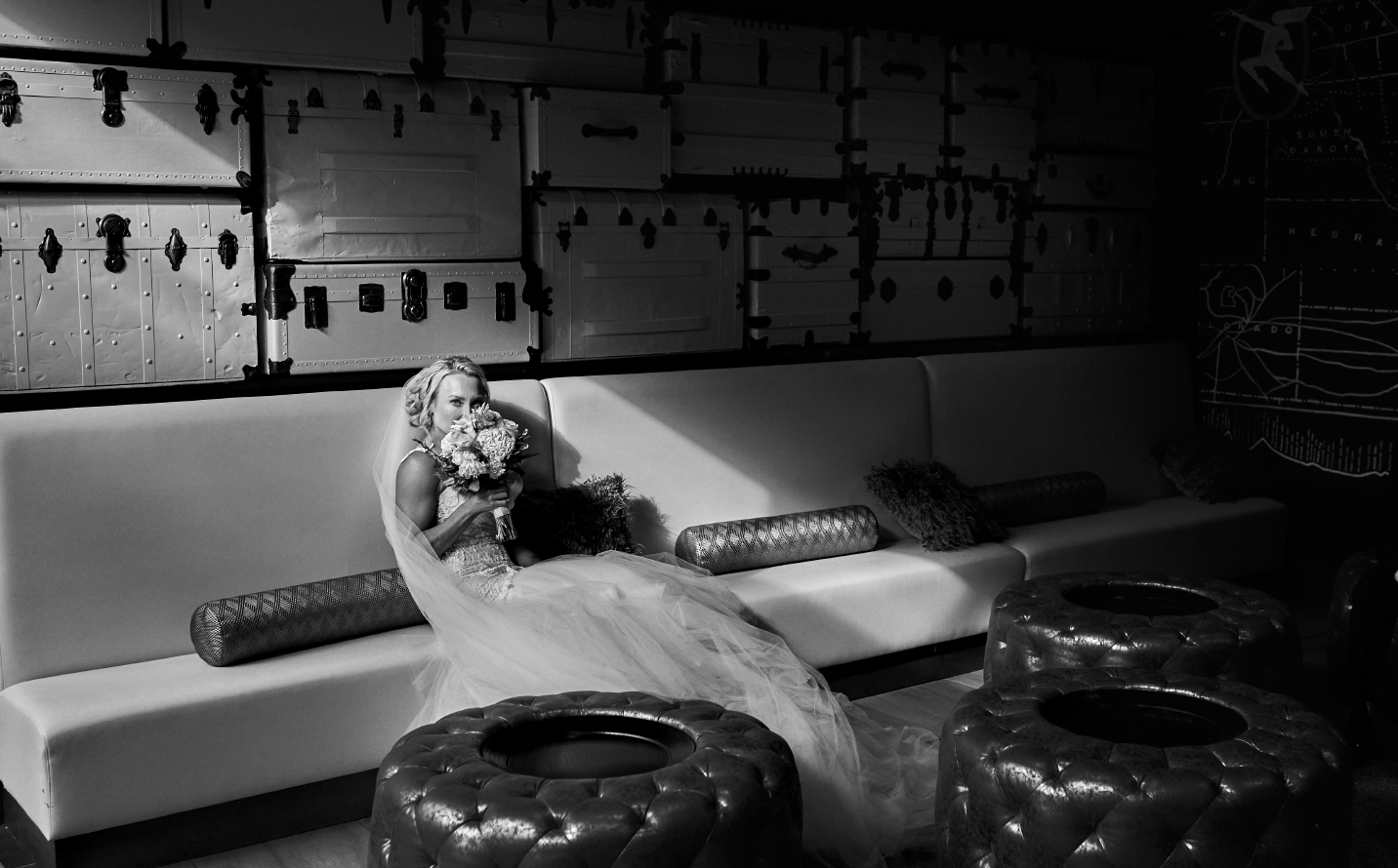 A bride in a shaft of late afternoon light at The Depot in Minneapolis